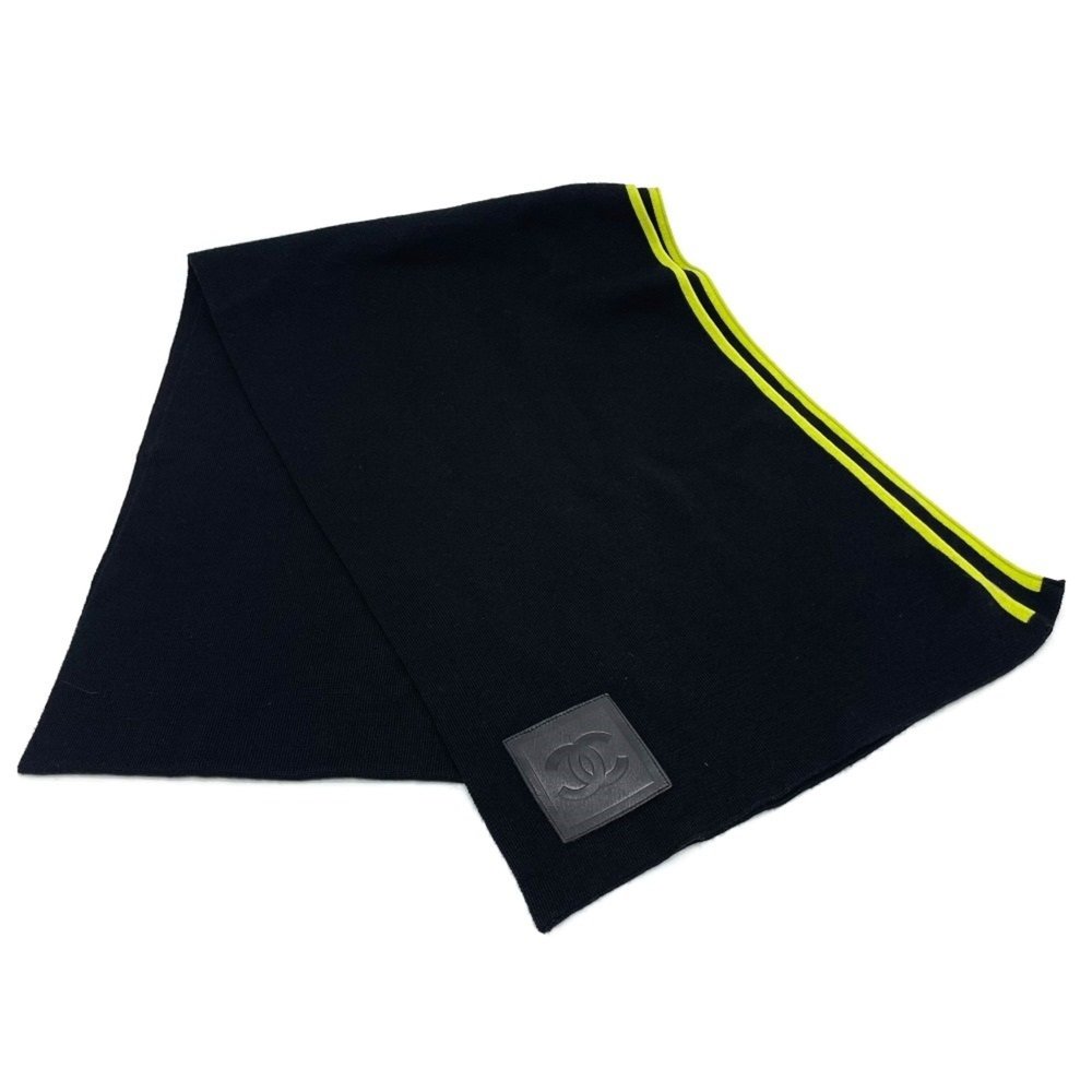 CHANEL Sport CC Coco Mark Scarf, Wool/Cashmere, Unisex, Black/Fluorescent Green - Picture 2 of 9
